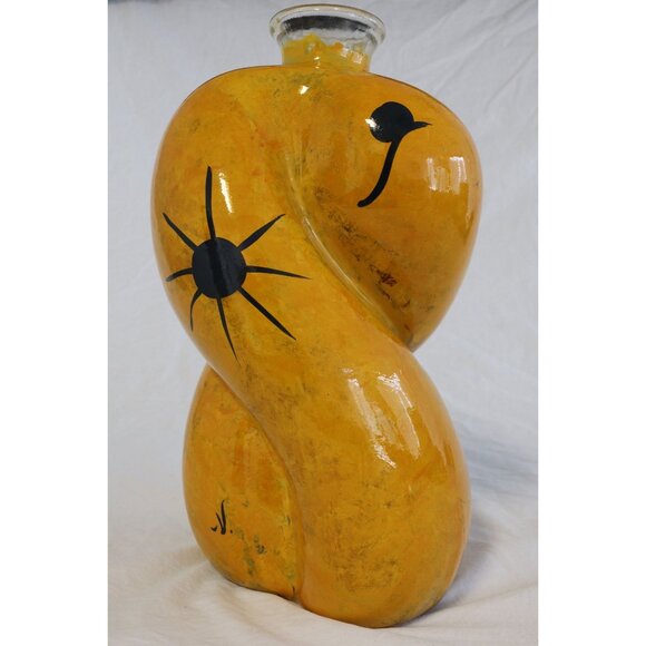 Vtg 1990's Large Hand Painted From The Inside Yellow Bulbous Vase Abstract - Picture 8 of 10